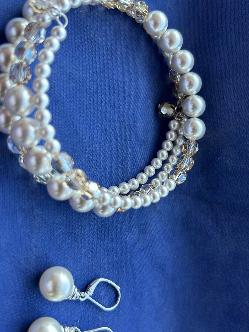 Multi-Strand Pearl and Crystal Coil Bracelet & Cream Pearl Earrings - Picture 1 of 3